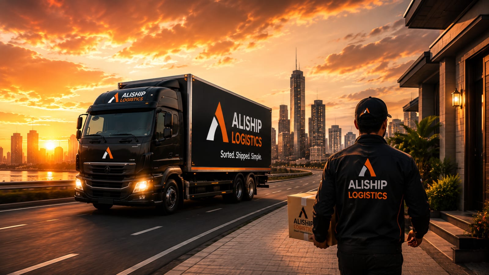 AliShip Logistics branded delivery truck at sunset with a courier in branded uniform carrying an AliShip parcel